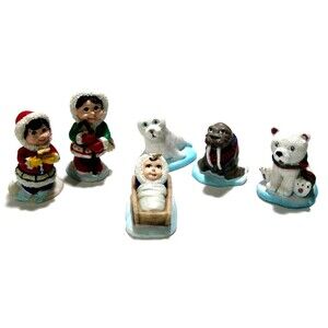 Arctic North Pole Mini Nativity Ceramic Scene 6 Pcs Seal Polar Bear Walrus 2.5"